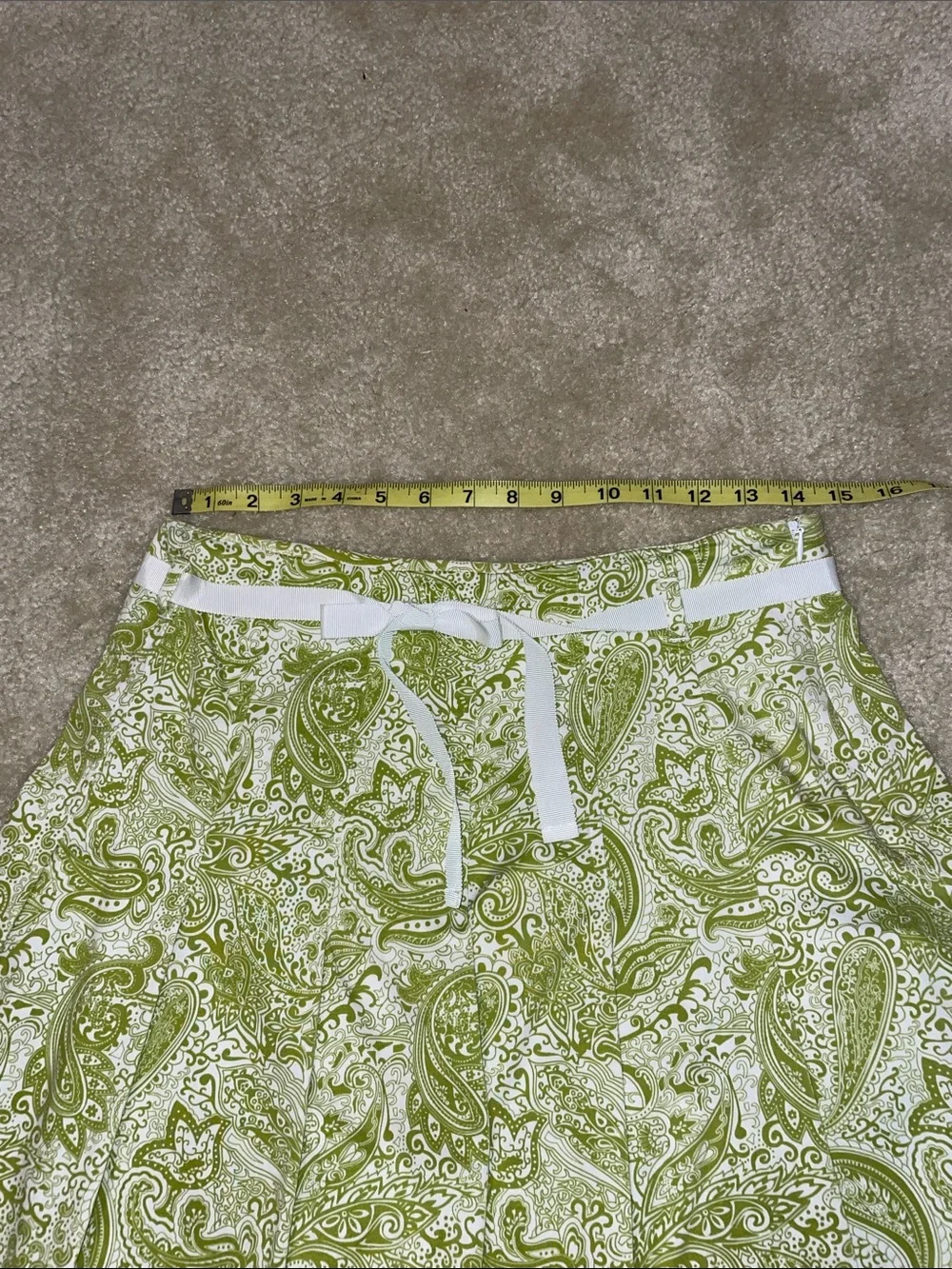 J. Crew Light Green Paisley Pleated Skater Skirt with White Waist Tie